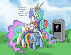 Size: 780x600 | Tagged: safe, princess celestia, rainbow dash, alicorn, pegasus, pony, g4, butt, celestia's grave meme, command and conquer, exploitable meme, female, grave, implied death, mare, plot, red alert 2, westwood, yuri (red alert 2), yuri's revenge