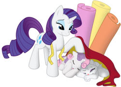 Size: 9711x7000 | Tagged: safe, artist:iphstich, artist:littletiger488, opalescence, rarity, sweetie belle, cat, pony, unicorn, g4, absurd resolution, belle sisters, cute, diasweetes, fabric, female, filly, foal, horn, mare, measuring tape, nap, siblings, simple background, sisters, sleeping, transparent background