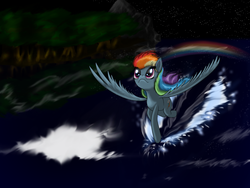 Size: 1600x1200 | Tagged: safe, artist:burnout, rainbow dash, g4, flying, looking up, rainbow, solo, splash, spread wings, starry night, starry sky, stars, water, wings