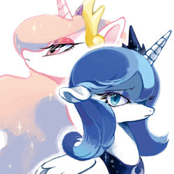 Size: 600x600 | Tagged: safe, artist:mutagorou0w0, princess celestia, princess luna, snowdrop (animation), g4, alternate hairstyle