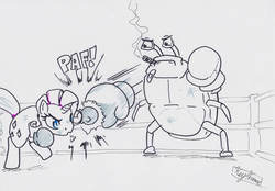 Size: 1500x1041 | Tagged: safe, artist:keyframe, rarity, crab, g4, boxing, cigar, fight, rarity fighting a giant crab