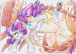 Size: 1500x1060 | Tagged: safe, artist:carnival, rarity, crab, g4, fight, rarity fighting a giant crab, traditional art