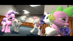 Size: 1920x1080 | Tagged: dead source, safe, artist:dakkiller, diamond tiara, rarity, silver spoon, spike, sweetie belle, dragon, pony, g4, 3d, abuse, bullying, female, gmod, male, mare, spikeabuse