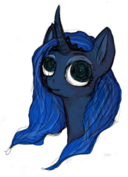 Size: 651x901 | Tagged: safe, artist:tuuku, princess luna, pony, g4, bust, curved horn, female, horn, looking up, simple background, solo