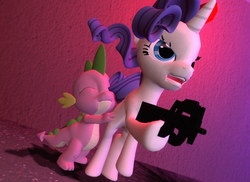 Size: 1480x1080 | Tagged: dead source, safe, artist:dakkiller, rarity, spike, dragon, pony, g4, 3d, female, gmod, gun, male, mare, p90