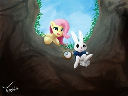 Size: 4000x3000 | Tagged: safe, artist:tasteful-clopper, angel bunny, fluttershy, g4, alice in wonderland, clock, high res, parody, white rabbit