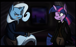 Size: 1600x1000 | Tagged: safe, artist:snapits, trixie, twilight sparkle, anthro, g4, clothes, confrontation, crossover, javert, jean valjean, les miserables, suit, sword, threatening, weapon