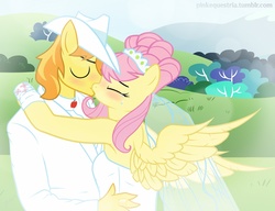 Size: 1280x985 | Tagged: safe, artist:devanstar, braeburn, fluttershy, anthro, g4, female, kissing, male, ship:braeshy, shipping, straight, wedding