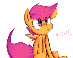 Size: 1280x1024 | Tagged: dead source, safe, artist:spanish-scoot, scootaloo, pegasus, pony, g4, blank flank, cute, cutealoo, exclamation point, eye clipping through hair, eyebrows, eyebrows visible through hair, female, filly, simple background, sitting, smiling, solo, spread wings, white background, wings