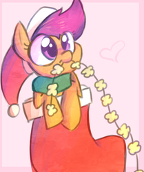 Size: 628x750 | Tagged: safe, artist:spanish-scoot, scootaloo, pony, g4, christmas, christmas stocking, female, hat, popcorn, santa hat, solo