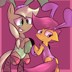 Size: 1000x1000 | Tagged: safe, artist:spanish-scoot, applejack, scootaloo, pony, g4, ..., bipedal, bunny suit, butt, clothes, female, filly, leotard, mare, plot