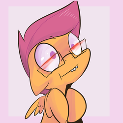 Size: 1000x1000 | Tagged: safe, artist:spanish-scoot, scootaloo, pony, g4, female, glasses, hooves to the chest, no pupils, solo