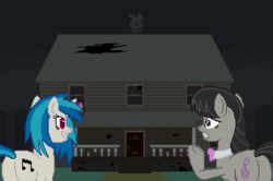 Size: 320x213 | Tagged: safe, artist:herooftime1000, dj pon-3, octavia melody, vinyl scratch, earth pony, pony, unicorn, octavia in the underworld's cello, g4, butt, fan game, haunted, haunted house, i don't want to go, pixel art, plot, scared, this will not end well, varying degrees of want, video game