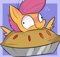 Size: 1000x950 | Tagged: safe, artist:spanish-scoot, scootaloo, pony, g4, derp, female, food, pie, ponies in food, solo, wat