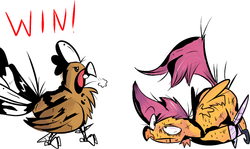 Size: 1280x765 | Tagged: safe, artist:spanish-scoot, scootaloo, chicken, pegasus, pony, g4, scootachicken, snorting, sweat