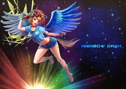 Size: 1200x848 | Tagged: safe, artist:takos000, rainbow dash, human, g4, belly button, clothes, denim shorts, eared humanization, female, flying, goggles, humanized, shorts, solo, tailed humanization, winged humanization