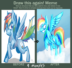 Size: 784x744 | Tagged: safe, artist:spanish-scoot, rainbow dash, g4, cloud, comparison, draw this again, on a cloud, raised hoof, redraw, spread wings, standing on a cloud, wings, wrong aspect ratio