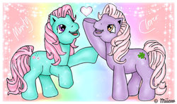 Size: 795x472 | Tagged: dead source, safe, artist:miiaww, clover (g1), minty, earth pony, pony, g1, g3, my little pony tales, duo, duo female, female, g1 to g3, generation leap, heart, mare