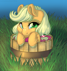 Size: 735x785 | Tagged: safe, artist:kittehkatbar, applejack, earth pony, pony, g4, baby, baby pony, filly, unshorn fetlocks, younger