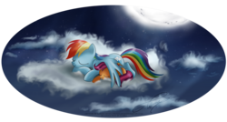 Size: 2484x1328 | Tagged: safe, artist:tiffanymarsou, rainbow dash, scootaloo, pegasus, pony, g4, cloud, cuddling, duo, duo female, eyes closed, female, filly, foal, full body, hug, lying down, mare, moon, on a cloud, prone, scootalove, signature, sleeping, stars, wing blanket, winghug, wings