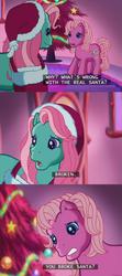 Size: 638x1434 | Tagged: safe, screencap, minty, pinkie pie (g3), a very minty christmas, g3, christmas tree, concerned, fireplace, funny, hat, lol, oh minty minty minty, pink, pinkie pie's house, santa claus, santa hat, subtitles, tree