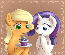 Size: 1185x1000 | Tagged: safe, artist:marikaefer, applejack, rarity, g4, cupcake, female, lesbian, ship:rarijack, shipping