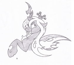 Size: 964x857 | Tagged: safe, artist:joey darkmeat, queen chrysalis, changeling, changeling queen, g4, crown, cute, cutealis, female, jewelry, monochrome, regalia, traditional art