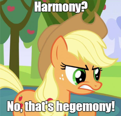 Size: 680x651 | Tagged: safe, applejack, g4, harmony, hegemony, image macro, poe's law, reaction