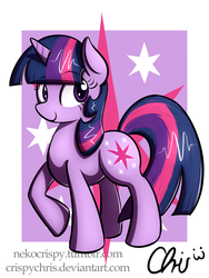 Size: 1800x2400 | Tagged: safe, artist:nekocrispy, twilight sparkle, pony, unicorn, g4, cutie mark background, female, mare, raised hoof, smiling, solo, unicorn twilight