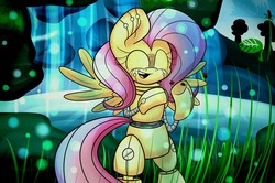 Size: 1280x850 | Tagged: safe, artist:extradan, fluttershy, ladybug, pony, robot, robot pony, g4, bipedal, eyes closed, female, flutterbot, grass, open mouth, smiling, solo, spread wings, wings