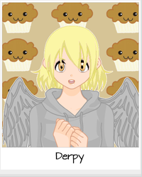 Size: 384x481 | Tagged: safe, artist:seiroth, derpy hooves, human, g4, anime, clothes, female, hoodie, humanized, looking at you, muffin, name, solo, underp, winged humanization