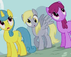 Size: 367x299 | Tagged: safe, screencap, berry punch, berryshine, derpy hooves, lemon hearts, pegasus, pony, g4, the show stoppers, animated, cropped, cute, derp, female, mare, trio