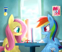 Size: 1800x1500 | Tagged: safe, artist:kty159, fluttershy, pinkie pie, rainbow dash, pegasus, pony, g4, blushing, board game, colored pupils, duo, duo female, female, mare, medal, picture frame, sitting, sunshine, table