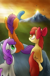 Size: 1075x1617 | Tagged: safe, artist:conicer, apple bloom, scootaloo, sweetie belle, fanfic:not all who wander are lost, g4, cutie mark crusaders, fanfic, fanfic art, feather, implied rainbow dash, mountain, sunset