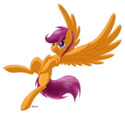 Size: 1180x1075 | Tagged: safe, artist:ponimichla, scootaloo, pegasus, pony, g4, female, filly, flying, large wings, looking at you, outline, scootaloo can fly, simple background, smiling, solo, spread wings, transparent background, wings