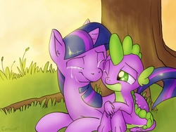 Size: 1600x1200 | Tagged: safe, artist:conicer, spike, twilight sparkle, g4, cover art, crying, cute, eyes closed, grass, mama twilight, nuzzling, spikelove, tears of joy, tree