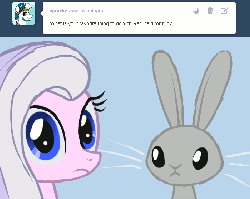 Size: 700x557 | Tagged: safe, artist:arrkhal, oc, oc only, oc:heartcall, oc:reginald, earth pony, pony, rabbit, zebra, animated, ask, blue background, looking at you, nose wrinkle, simple background, sniffing, tumblr