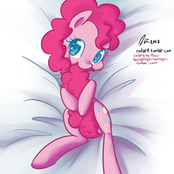 Size: 1200x1200 | Tagged: safe, artist:rwl, pinkie pie, pony, g4, bed, cute, diapinkes, female, hnnng, looking at you, mouth hold, nom, on back, smiling, solo, tail, tail bite, tail hug, tail pull