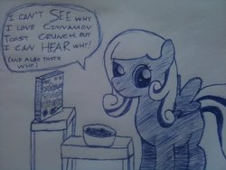 Size: 2048x1536 | Tagged: safe, artist:digibro, oc, oc only, oc:snowdrop, pegasus, pony, cereal, cinnamon toast crunch, food, sketch, solo, traditional art