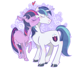 Size: 2199x1968 | Tagged: safe, artist:cruddydoodles, shining armor, twilight sparkle, pony, unicorn, g4, abstract background, blushing, cheek kiss, cutie mark, eyes closed, female, heart, horn, kissing, male, mare, raised hoof, ship:shiningsparkle, shipping, simple background, smiling, stallion, straight, transparent background, unicorn twilight