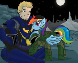 Size: 2163x1750 | Tagged: safe, artist:bigbuxart, rainbow dash, oc, human, g4, crossover, fanfic, fanfic art, fanfic cover, mandalorian, star wars