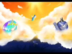 Size: 1024x768 | Tagged: source needed, safe, artist:leimy, princess celestia, princess luna, g4, cloud, cloudy, crying, stars, sun