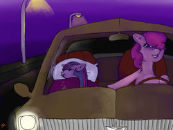 Size: 1024x768 | Tagged: safe, artist:turbo-maximus, pinkie pie, twilight sparkle, g4, car, driving, night, planes trains and automobiles, sleeping
