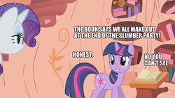 Size: 1280x720 | Tagged: safe, edit, edited screencap, screencap, rarity, twilight sparkle, pony, unicorn, g4, look before you sleep, caption, female, golden oaks library, image macro, lip bite, mare, out of context, text