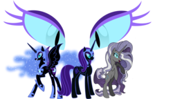 Size: 1600x918 | Tagged: safe, edit, idw, nightmare moon, nightmare rarity, princess luna, oc, oc:nyx, alicorn, pony, unicorn, fanfic:past sins, g4, spoiler:comic, nightmare grayity, nightmare nyx, simple background, transparent background