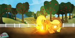 Size: 732x373 | Tagged: dead source, safe, artist:hexagonpie, applejack, earth pony, pony, g4, bucking, female, fence, glowing eyes, orchard, solo