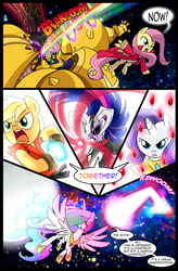 Size: 851x1300 | Tagged: safe, artist:madmax, applejack, fluttershy, princess celestia, rarity, twilight sparkle, comic:battle for equestria, g4, battle for equestria, bleach (manga), cero, comic, devil may cry, exodia, fight, hadouken, ken masters, kurosaki ichigo, saint seiya, sonic rainboom, street fighter, triple rainboom, vasto lorde