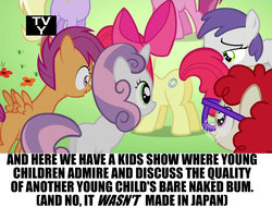 Size: 1920x1457 | Tagged: safe, edit, edited screencap, screencap, apple bloom, dinky hooves, ruby pinch, scootaloo, sweetie belle, tornado bolt, twist, earth pony, pegasus, pony, unicorn, g4, the cutie pox, butt, caption, female, filly, flower, foal, glasses, grass, lidded eyes, out of context, plot, text, tv rating, tv-y, wide eyes