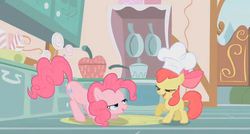 Size: 627x337 | Tagged: safe, screencap, apple bloom, pinkie pie, call of the cutie, g4, bedroom eyes, chef's hat, cupcakes song, hat, kitchen, out of context