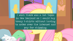 Size: 500x281 | Tagged: safe, angel bunny, fluttershy, g4, clothes, hot topic, meta, new zealand, pony confession, shirt